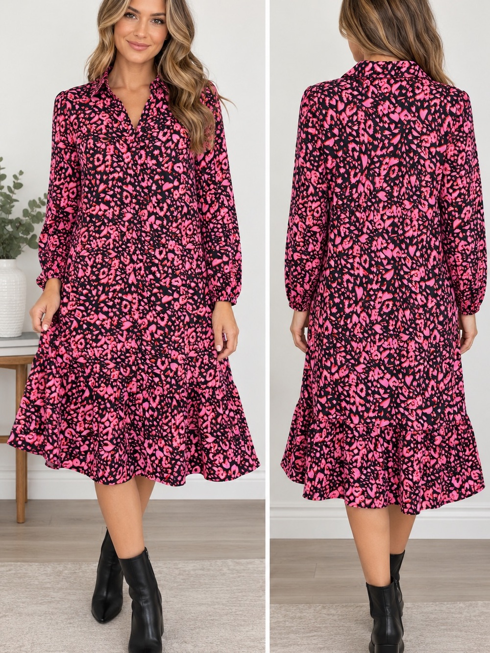 LOFT Black Pink Floral Long Sleeve Collared Shirt Dress Size Small
